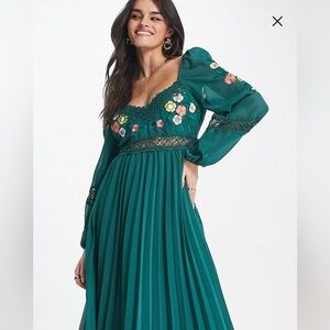 ASOS Design embroidered lace insert pleated midi dress with long sleeves